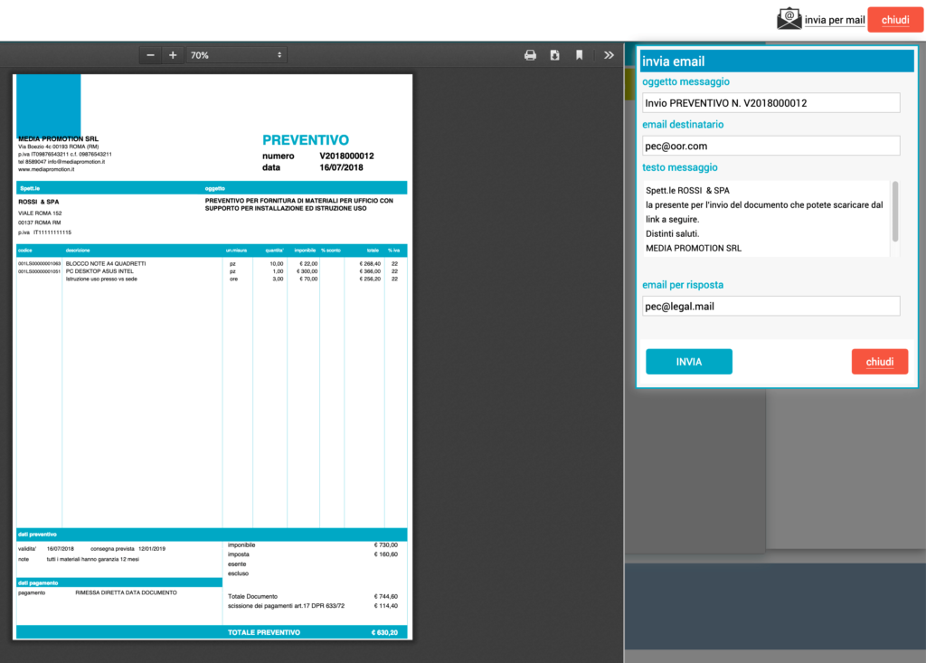 invia preventivo email